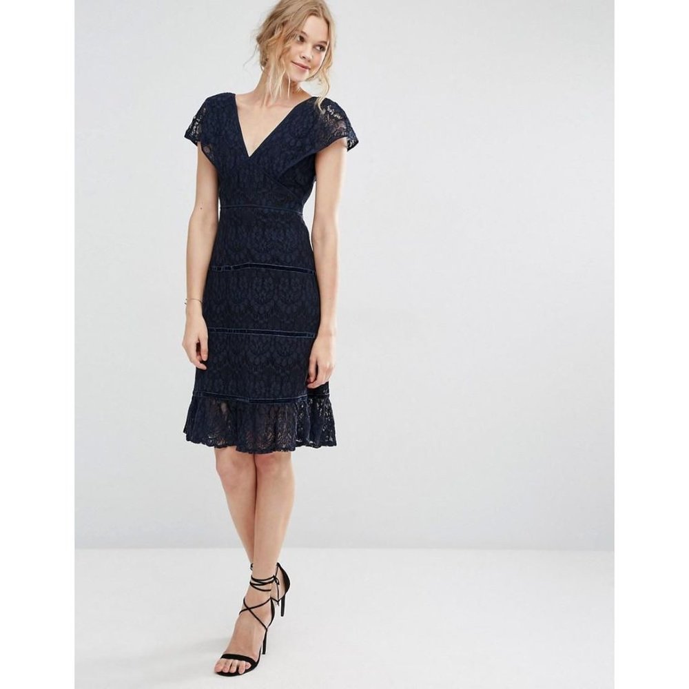 foxiedox Navy Blue Lace Formal Ruffle Hem Midi Dress XS